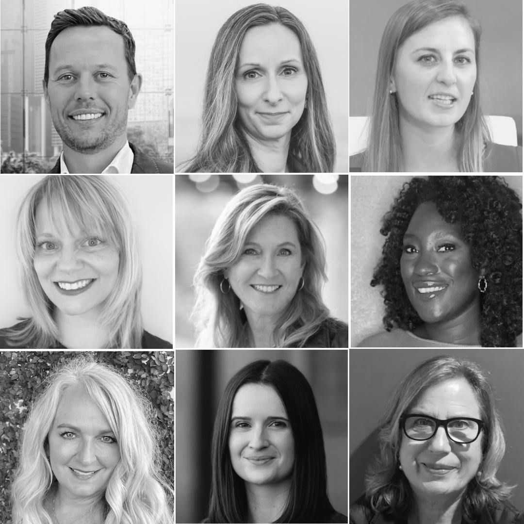 grid of nine black and white photos of hosts and interviewers